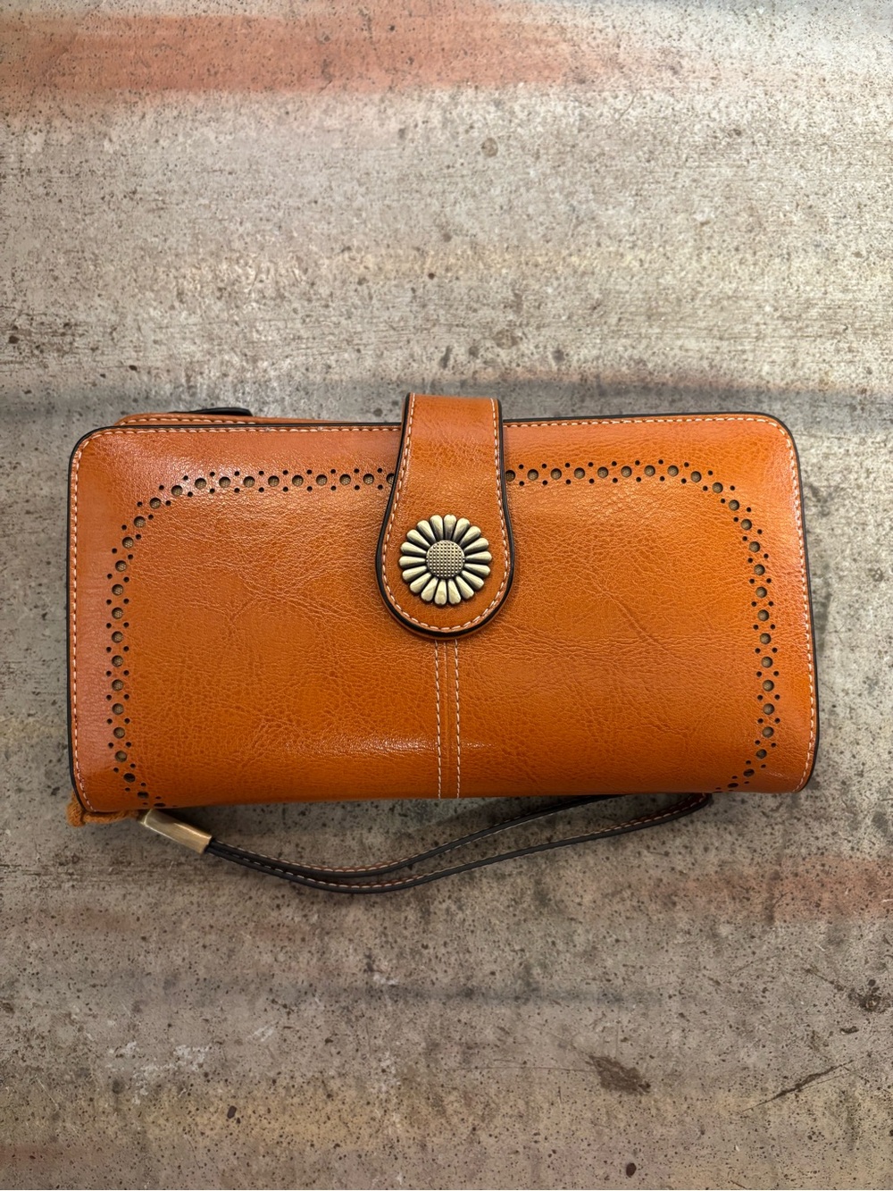 Women's Leather Wristlet Wallet with Sunflower Snap